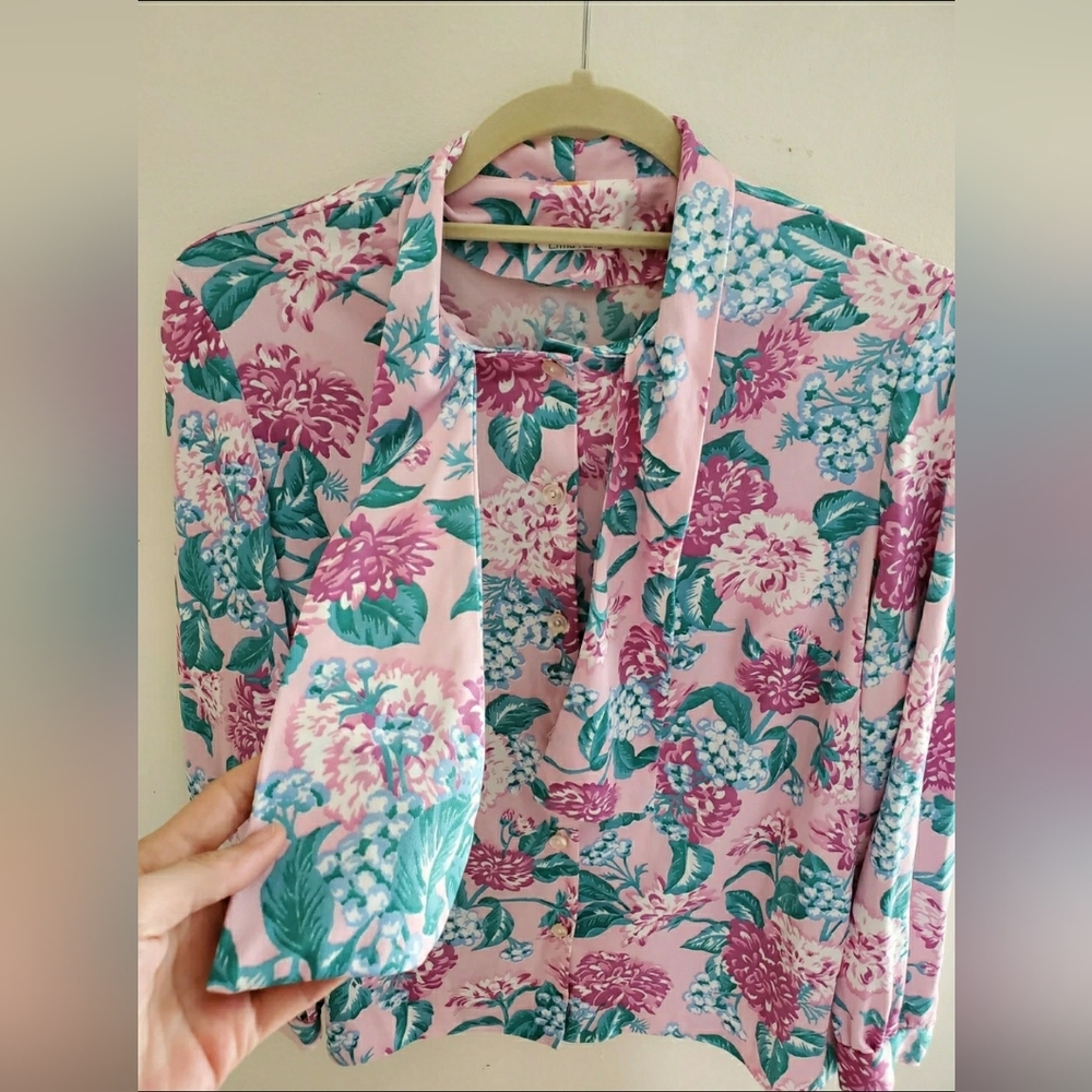 Vintage Tie-bow Floral Print Button Front Long Sleeve Blouse Pink Green - Picture 8 of 11
